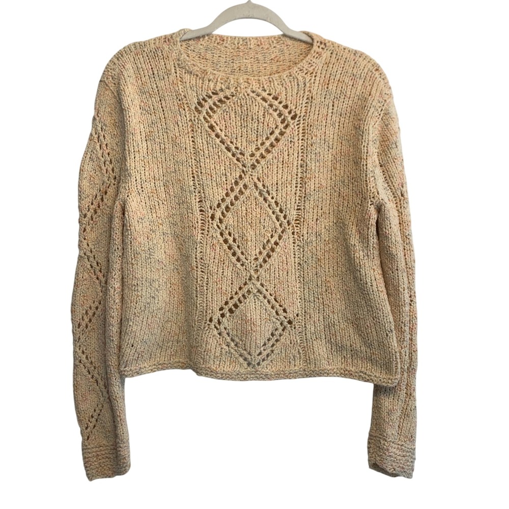 Cream Multi Speckled Diamond Pointelle Chunky Knit Chenille Sweater Pullover S